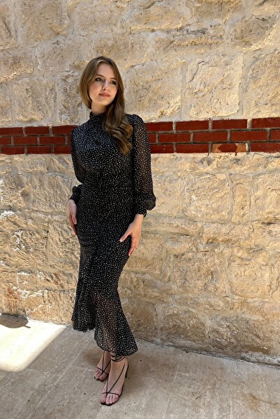 HELİS BUTİK Polka Dot Black Chiffon Dress - Gathered Front