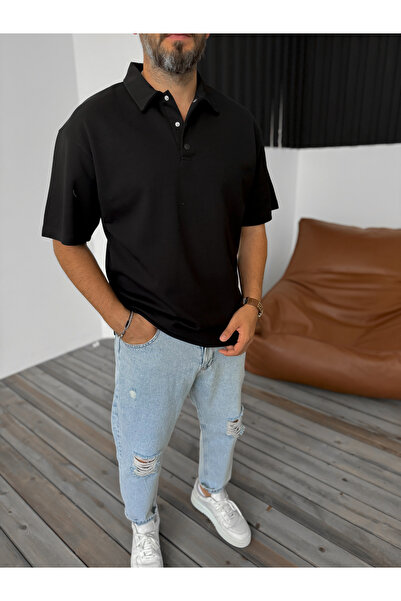 BYBASICMAN Черна риза с ребра и поло яка KE-3009