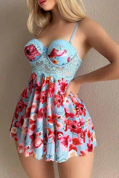 Qvien Secret Mini cămașă de noapte cu bretele florale, sexy, albastră, de noapte, 15628
