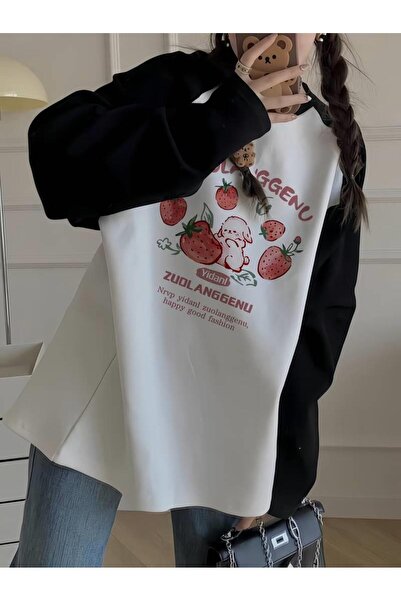 Toum Vintage Raglan Λευκό T-Shirt - Μακρυμάνικο, Strawberry Printed