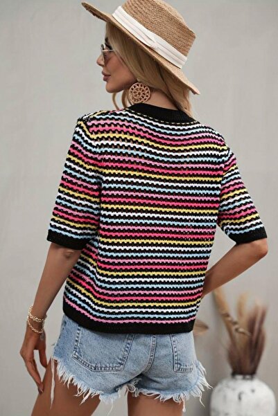 Mossta Μαύρη πλεκτή μπλούζα - κοντό μανίκι, χρώμα ριγέ , λαιμόκοψη