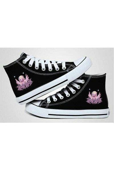 weywot Y2k Pink Winged Girl Butterflies Printed Black Pantofi de pânză unisex - Worm Boutique