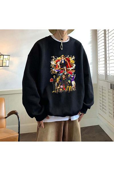 Touz Moda Черен унисекс суичър с голямо деколте с щампа от една част с всички герои