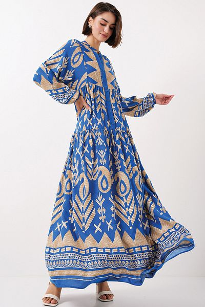 Bigdart 2423 Model Authentic Patterned Blue Dress