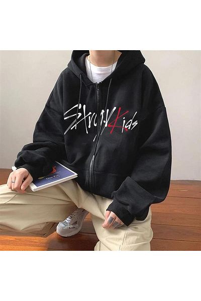 Touz Moda Stray Kids Printed Oversize Ζακέτα με φερμουάρ Μαύρη Unisex με κουκούλα
