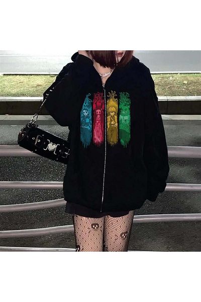Touz Moda Ζακέτα Unisex με στάμπα Demon Slayer Μαύρη Oversize με κουκούλα