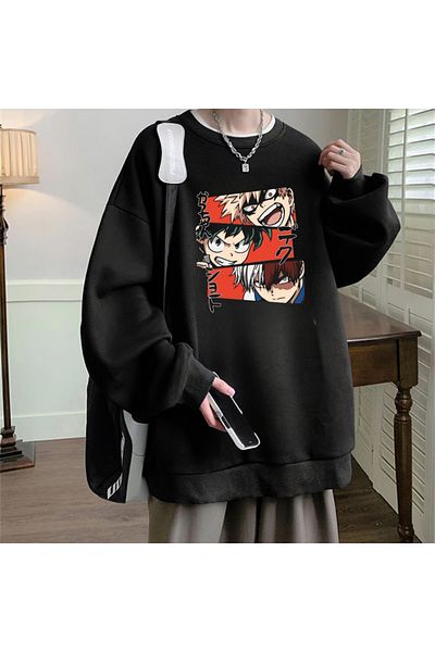 Touz Moda Anime Harajuku My Hero Academia με εμπριμέ μαύρο φούτερ Unisex Oversize Crew Neck