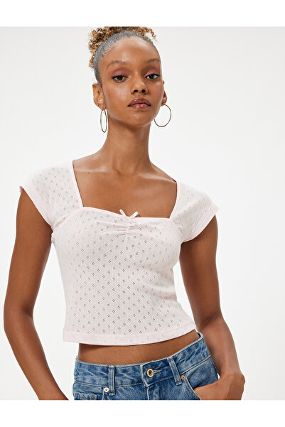 Koton Μπλουζάκι με μανίκι με τετράγωνο λαιμό με λεπτή εφαρμογή - Λεπτομέρεια με φιόγκο