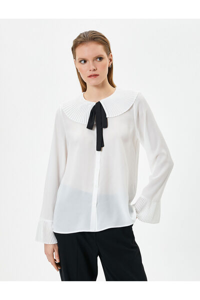 Koton Plissiertes Langarmhemd mit weitem Halsausschnitt und Bindedetail