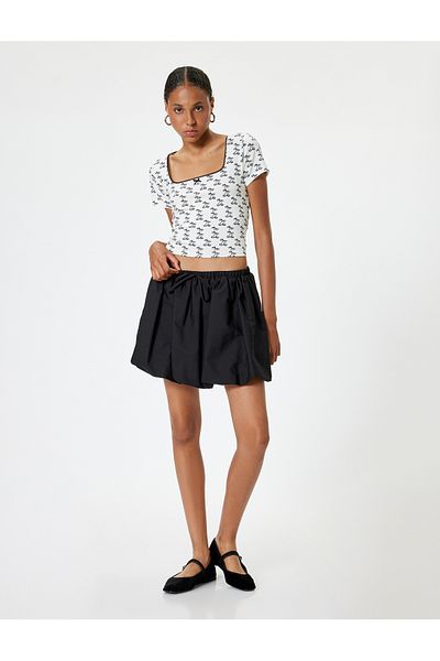 Koton Square Neck Bow Patterned Slim Fit T-Shirt