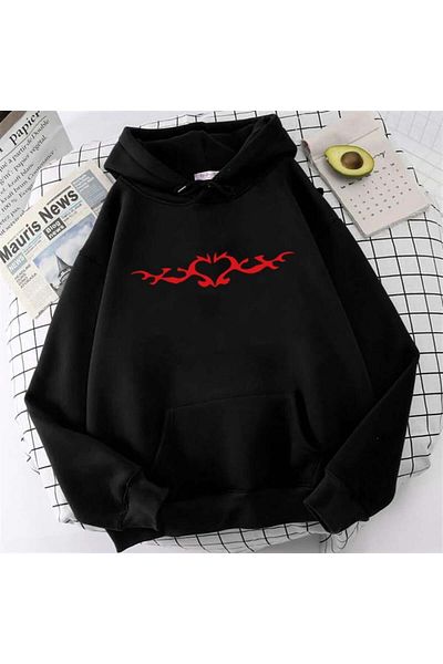 Touz Moda Унисекс суитшърт с качулка и щампа на сърце в черен цвят