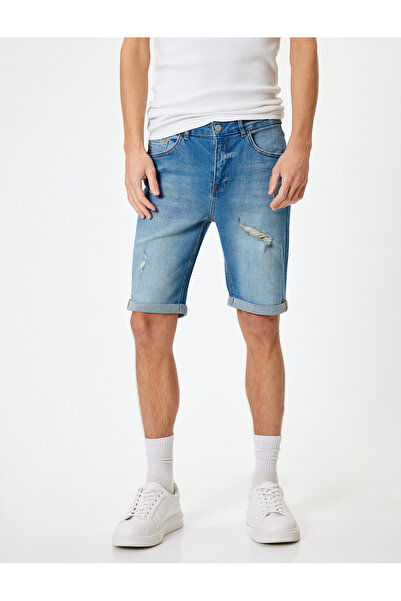 Koton Bermuda Cut Slim Fit Denim Shorts - Cuffed and Button Detailed