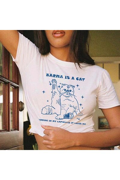 weywot Worm Boutique Y2k Karma είναι ένα λευκό κροπ με στάμπα γάτας