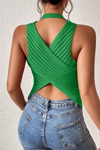 Mossta Sıfır Kol Sırt Çapraz Detay Triko Bluz Yeşil