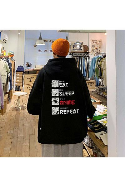 Touz Moda Eat Sleep Anime Repeat Back Printed Μαύρο Unisex Oversize φούτερ με κουκούλα