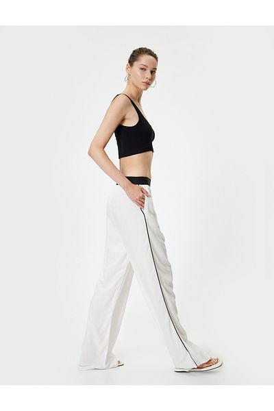 Koton Oversize Linen Blended Trousers - Elastic Waist Pocket Ribbed