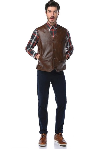 Dericlub Мъжки елек от естествена кожа с копчета, размер "Pull Size", цвят "Camel Antique"