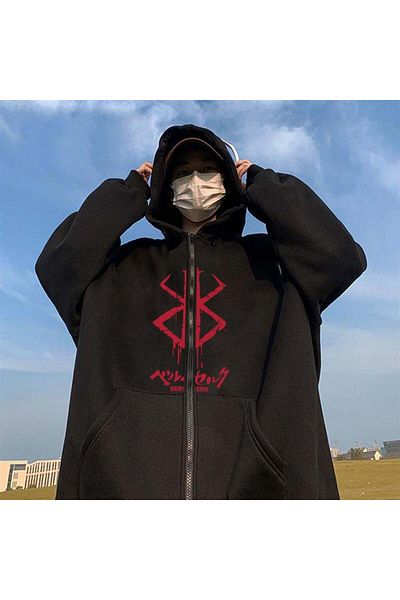 Touz Moda Унисекс жилетка с качулка и лого на Berserk, голям размер, черна