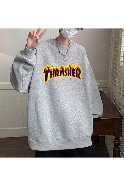 Touz Moda Φούτερ Thrasher Printed Grey Unisex Oversize Crew Neck Φούτερ