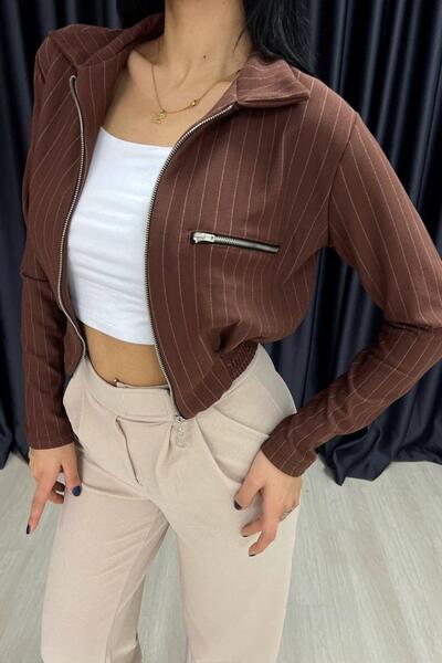 Mossta Раирана мини яке с джобове, цвят кафе