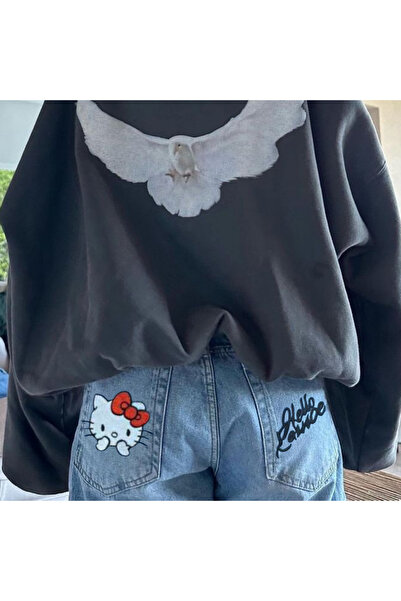 Toum Enya Takı Y2k Hello Kitty Παντελόνι Τζιν με λεπτομέρειες σε μπλε χρώμα