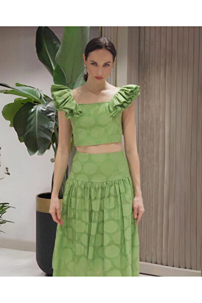 SERPİL Kare Yaka Omuzları Fırfırlı Eteği Pileli Yeşil Takım 36011