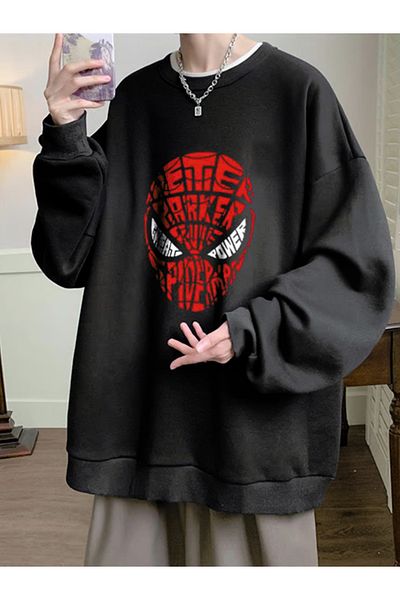 Touz Moda Spider-Man Head Printed Μαύρο Unisex Oversize φούτερ με λαιμόκοψη