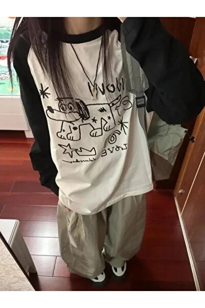 Genel Markalar Y2k  Wow Dog Reglan Uzun Kollu Beyaz T-Shirt