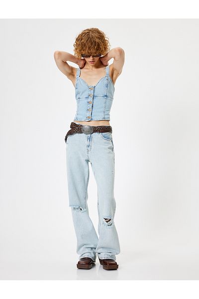 Koton KT – Denim-Oberteil mit herzförmigem Ausschnitt, ärmellos, Knopfleiste, schmale Passform