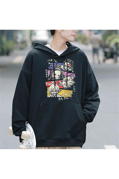 Touz Moda Demon Slayer Squad με στάμπα μαύρο μπλουζάκι Unisex Oversize με κουκούλα