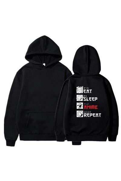Touz Moda Eat Sleep Anime Repeat Back Printed Μαύρο Unisex Oversize φούτερ με κουκούλα