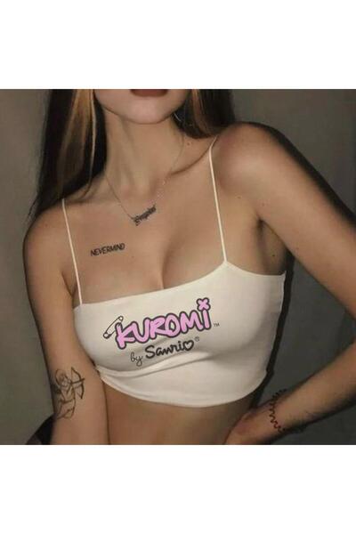 Toum KUIN  Beyaz Baskılı Kadın Ip Askılı Büstiyer Crop