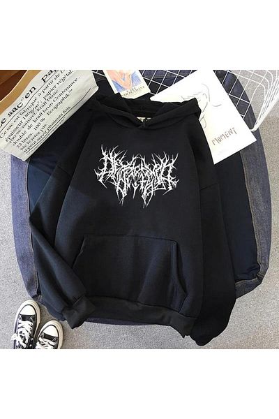 Touz Moda Φούτερ Unisex Gothic εμπριμέ μαύρο oversize με κουκούλα
