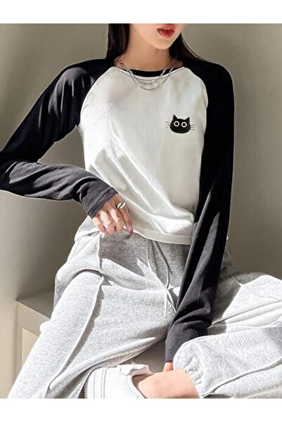 Toum تي شيرت أبيض مطبوع بأكمام طويلة من Cute Cat Raglan