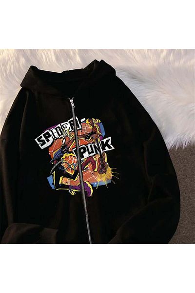 Touz Moda Голяма черна унисекс жилетка с качулка и цип с щампа Spider Punk