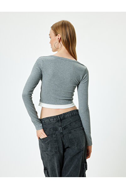 Koton Μπλουζάκι με μακρυμάνικο κουμπιά V λαιμόκοψη