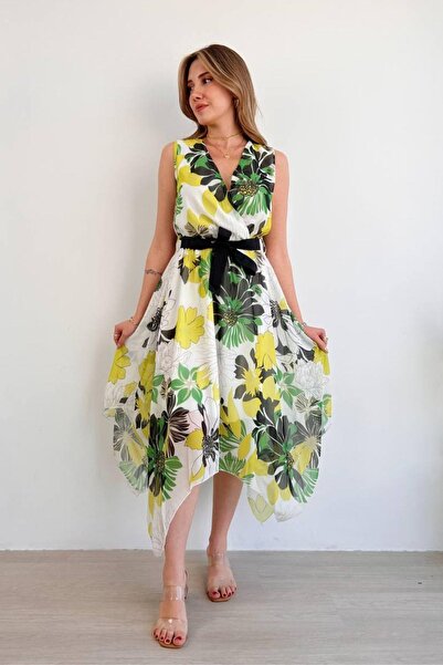 Mossta Zero Sleeve Belted Patterned Chiffon Dress Yellow