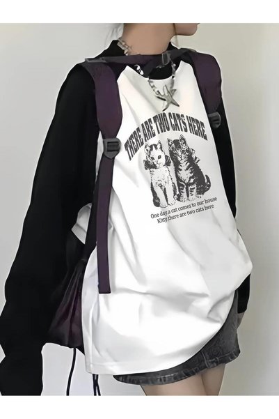 STİLLEX تي شيرت أبيض مطبوع عليه قطة لطيفة بأكمام طويلة من MINGALONDON Vintage Raglan