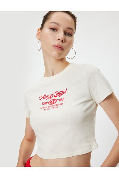 Koton Crew Neck Cotton Crop T-Shirt - Slogan Printed, Short Sleeve