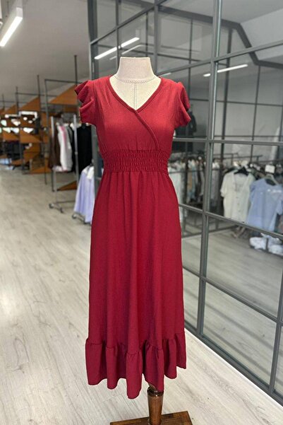 Mossta Burgundy Wrapped Double Breasted Collar Dress
