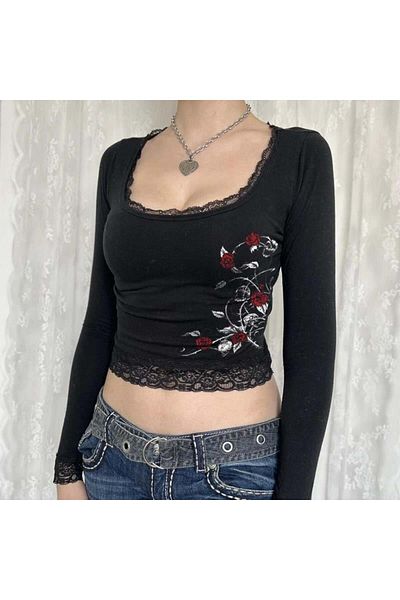 Toum Dorukhediyelik Roses & Skull Printed Lace Lace Black Long Sleeve Blouse