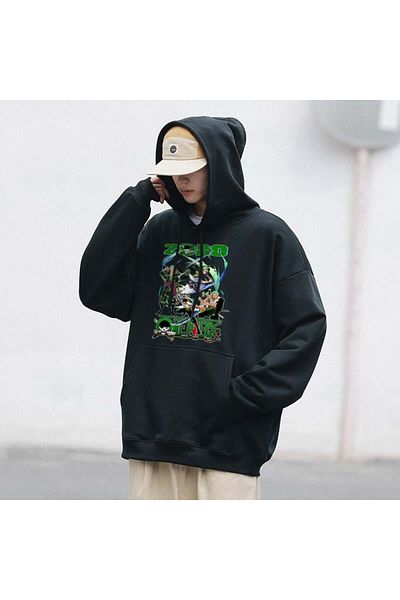 Touz Moda Φούτερ με κουκούλα One Piece Zoro μαύρο Unisex Oversize