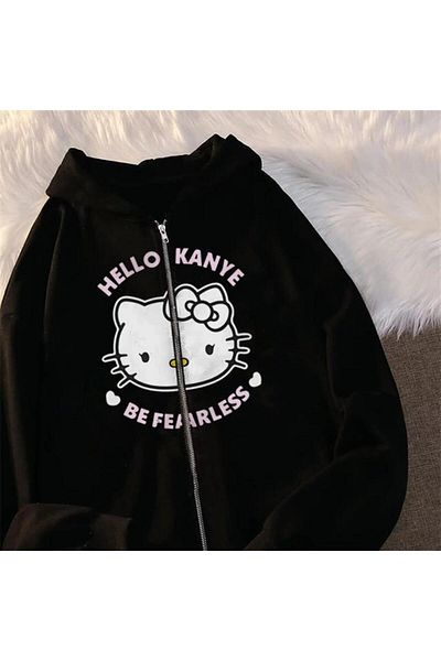 Touz Moda Hello Kanye - Be Fearless Printed, Unisex Black Oversize Hooded Cardigan