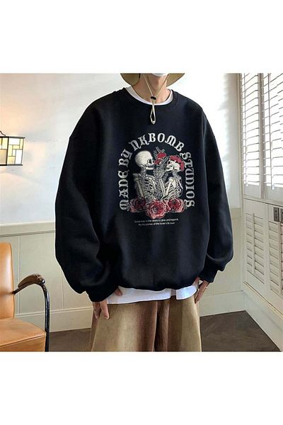 Touz Moda Skulls In Love εμπριμέ μαύρο φούτερ Unisex Oversize Crew Neck