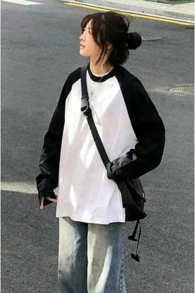 DENOKMODA Vintage Reglan Uzun Kollu Beyaz T-Shirt