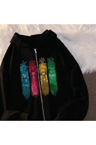 Touz Moda Ζακέτα Unisex με στάμπα Demon Slayer Μαύρη Oversize με κουκούλα