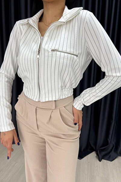 Mossta Jachetă mini cu buzunar în dungi albă