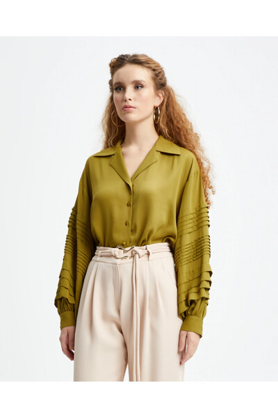 SERPİL Pilise Detaylı Oversize Şık Yağ Yeşili Gömlek 39241