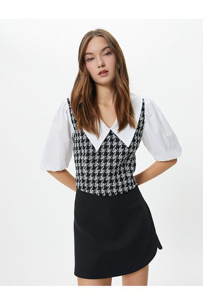 Koton Μπλούζα Tweed Φαρδιά Βρεφική λαιμόκοψη κοντά μανίκια από μπαλόνι Αντίθεση χρώματος