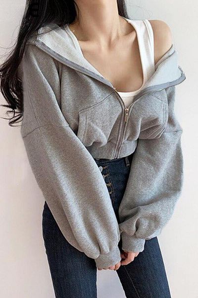 VandiVansi Streetwear Zippered Long Sleeve Gray Crop Cardigan